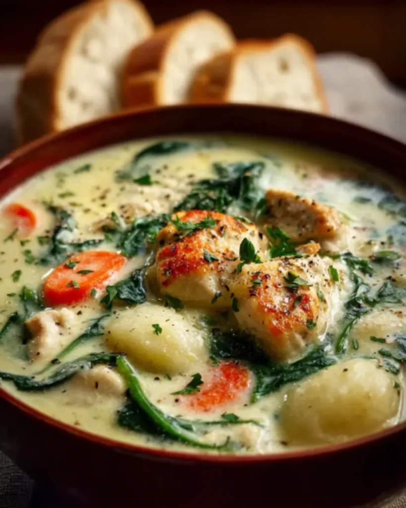Creamy Olive Garden Chicken Gnocchi Soup in a bowl with vegetables and bread slices