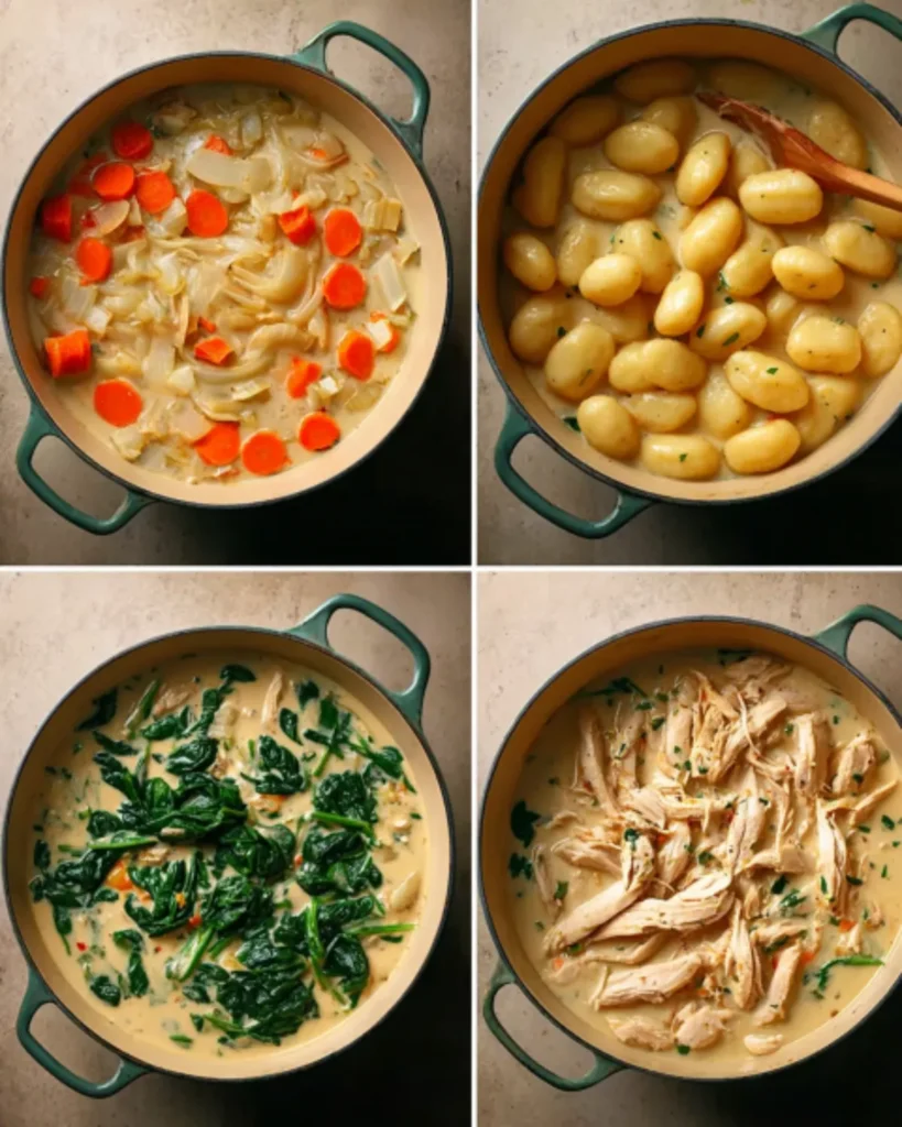 Step-by-step cooking process of Olive Garden Chicken Gnocchi Soup showing sautéed vegetables, gnocchi, spinach, and shredded chicken in a pot