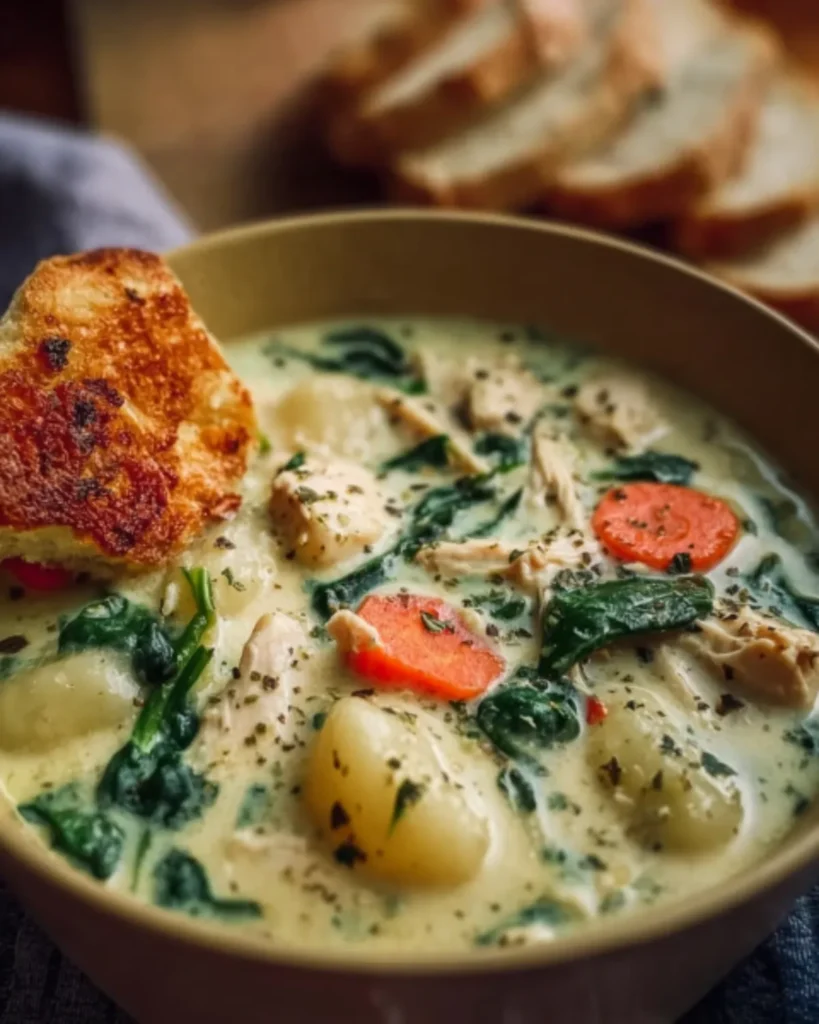 Olive Garden Chicken Gnocchi Soup with spinach, carrots, and toasted bread slice in a bowl
