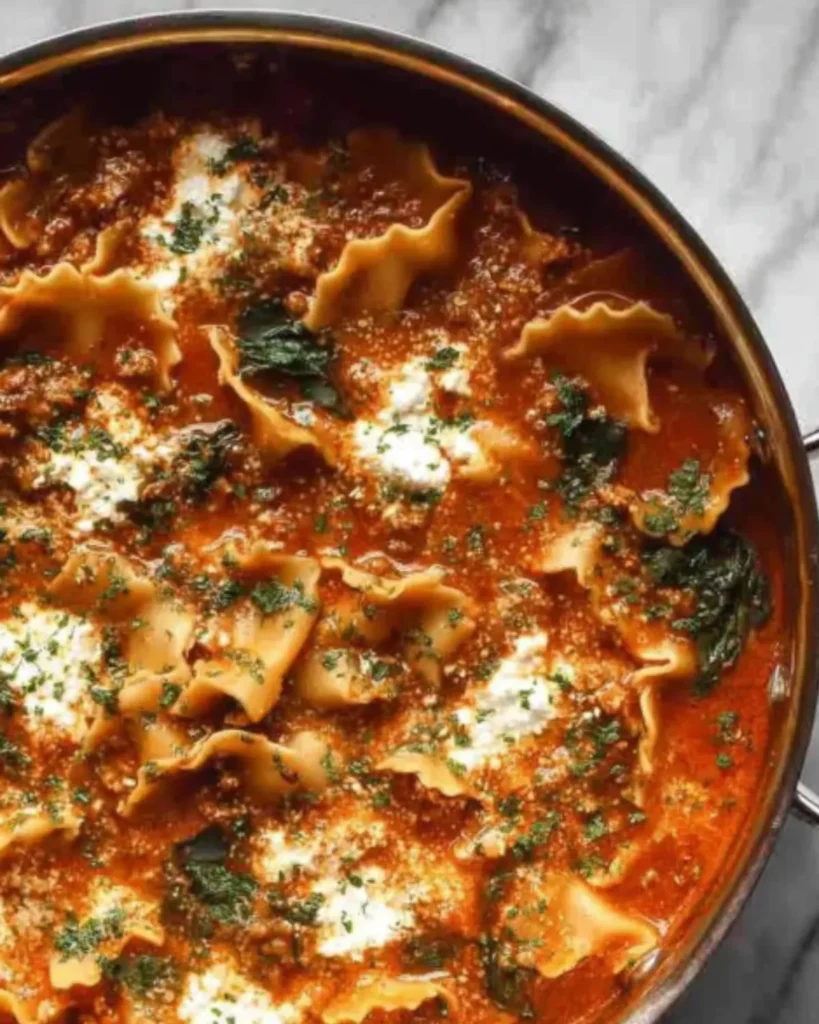 One pot lasagna soup simmering with spinach, ricotta cheese, and lasagna noodles in a stainless steel pot