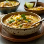 A hearty bowl of Pioneer Woman White Chicken Chili Recipe topped with corn, cilantro, and shredded cheese.