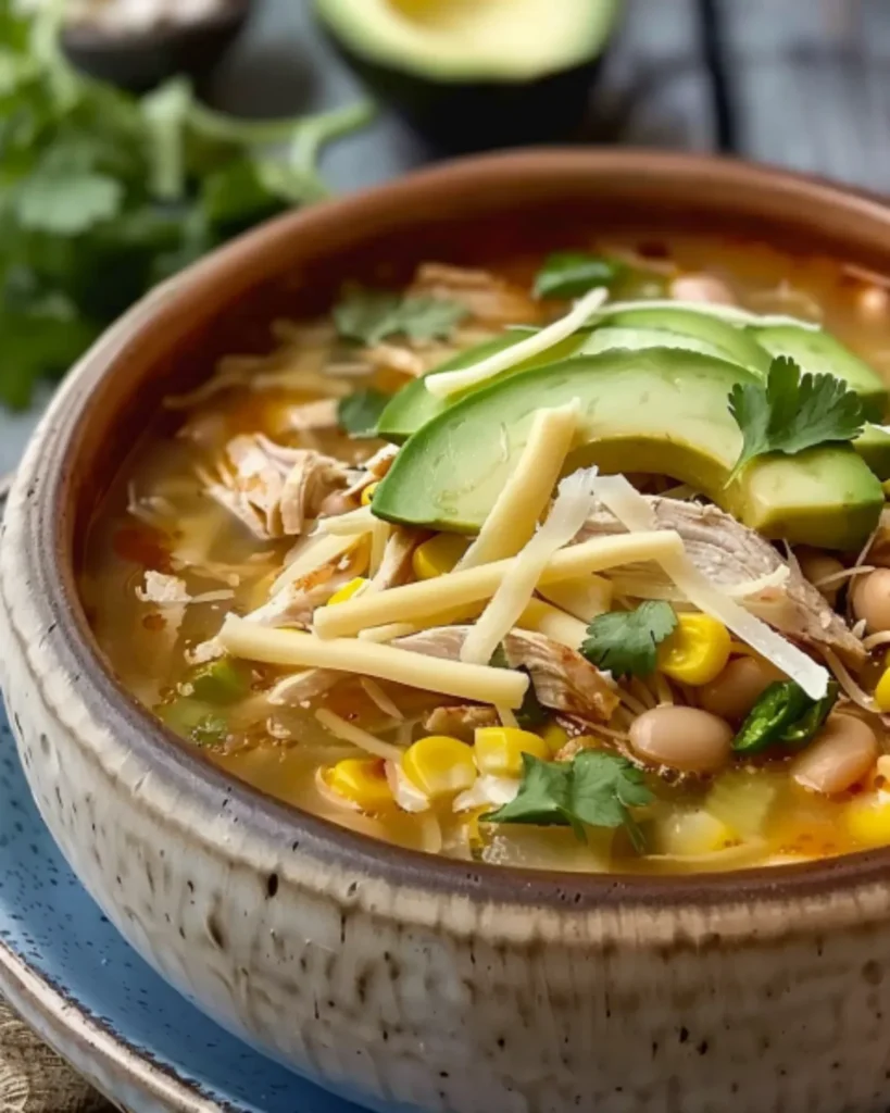 This image showcases the Pioneer Woman White Chicken Chili Recipe — a creamy, flavorful chili made with shredded chicken, white beans, corn, and a blend of savory spices, garnished with cilantro and cheese for the perfect cozy meal.