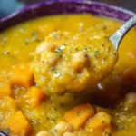 A close-up of thick pumpkin and leek soup with chickpeas, lifted on a spoon from a bowl.