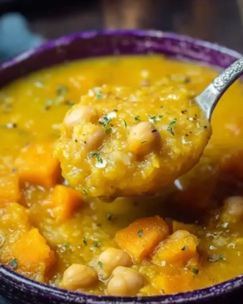 A close-up of thick pumpkin and leek soup with chickpeas, lifted on a spoon from a bowl.