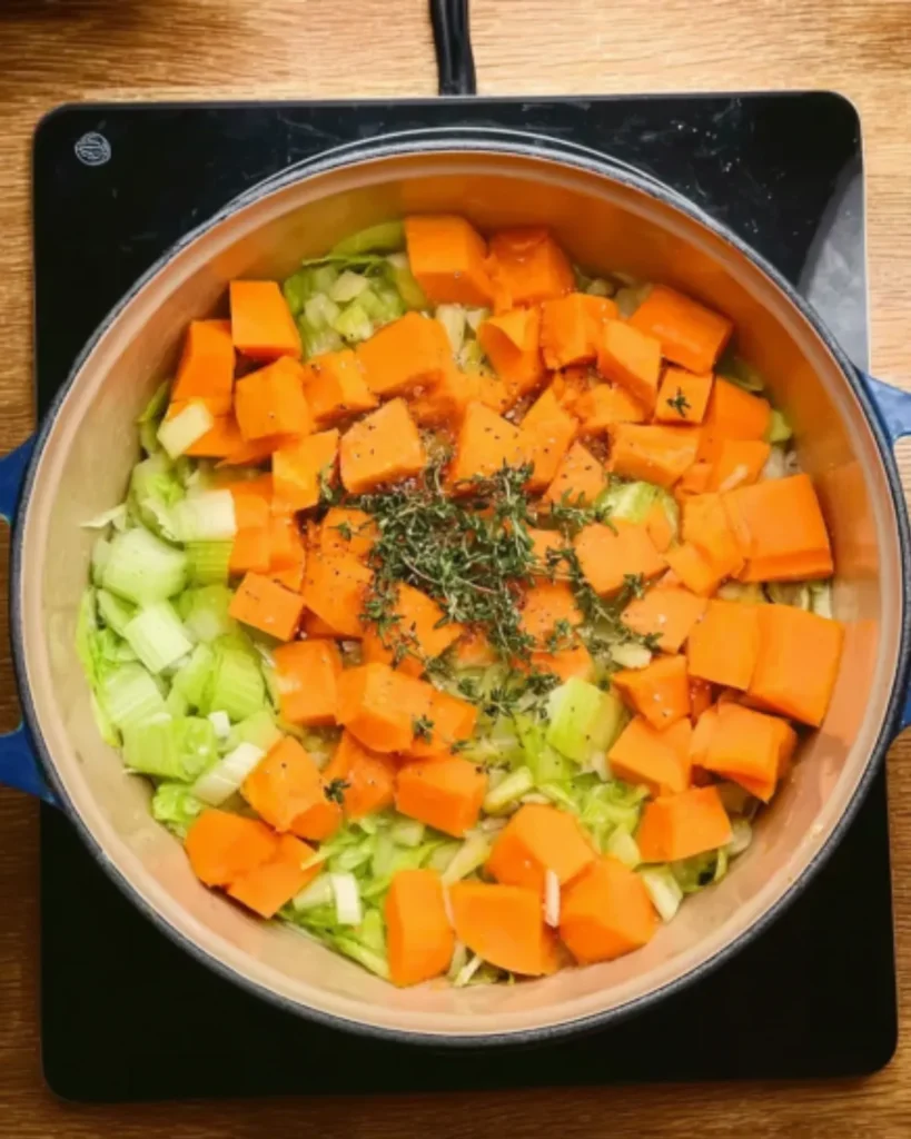 Chopped pumpkin and leeks cooking in a pot with fresh herbs, the beginning steps of making pumpkin and leek soup.
