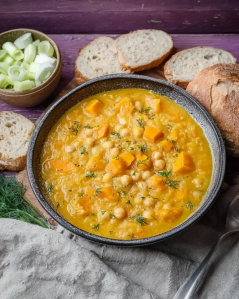 A hearty bowl of pumpkin and leek soup with chickpeas, served with sliced bread and fresh leeks.