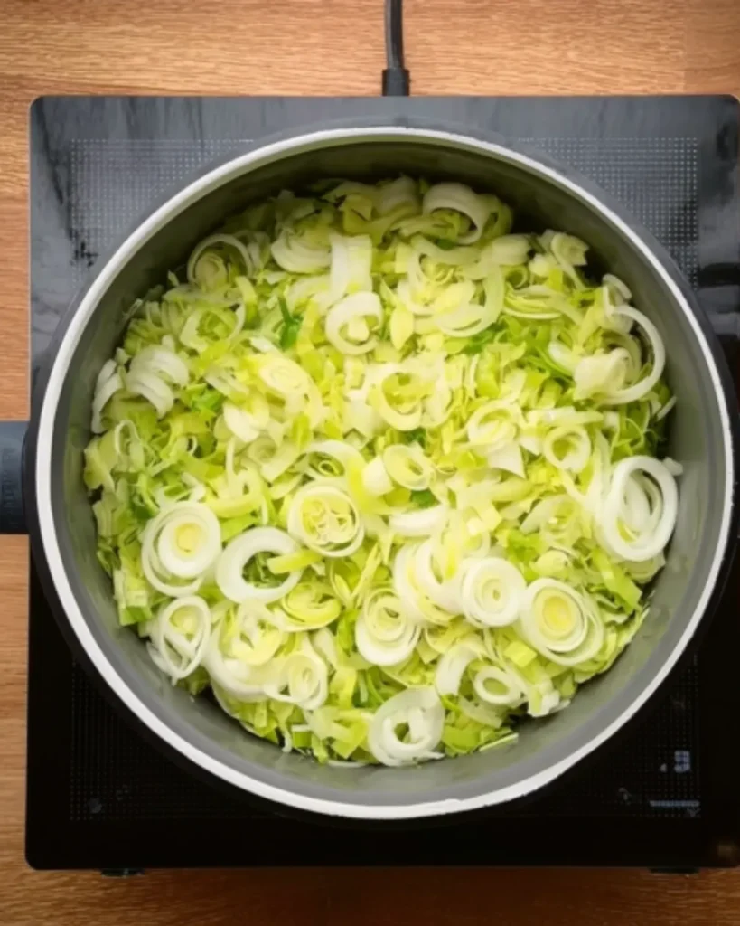 Sliced leeks cooking in a pot, the first step in preparing homemade pumpkin and leek soup.