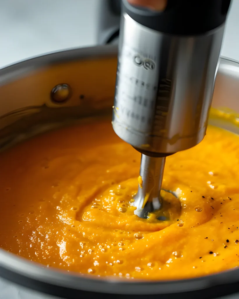 Blending smooth pumpkin carrot soup in a pot using an immersion blender