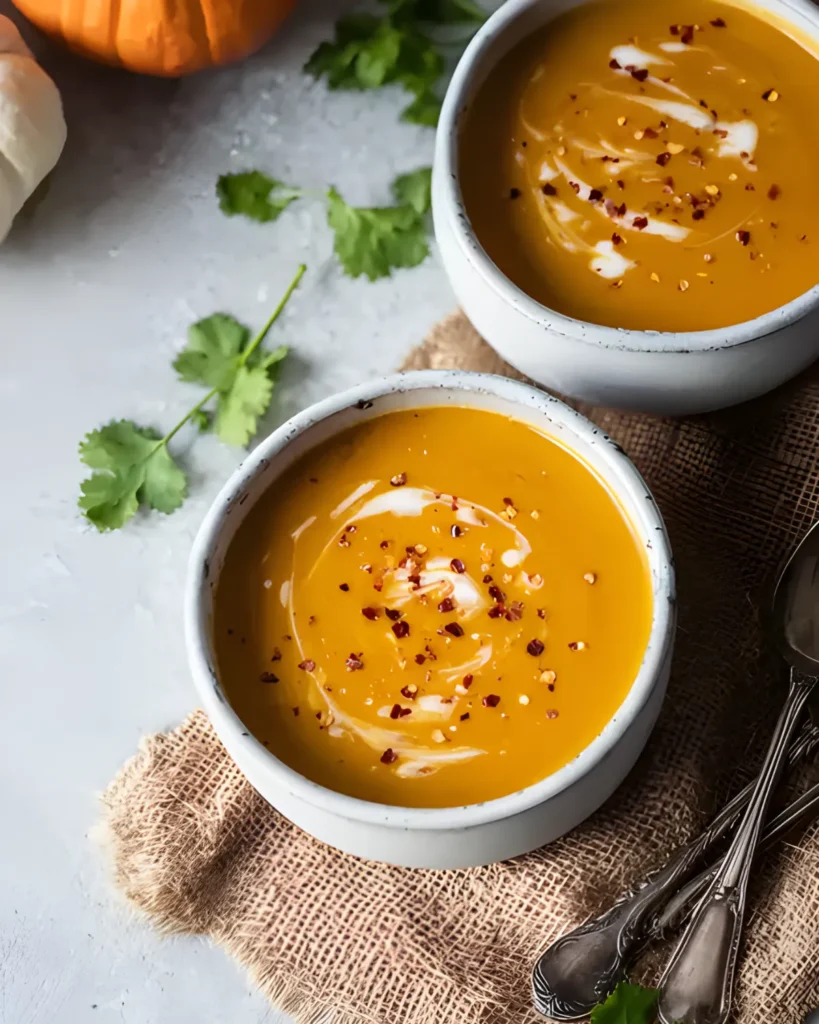 Creamy pumpkin carrot soup served in rustic bowls, topped with chili flakes and fresh herbs