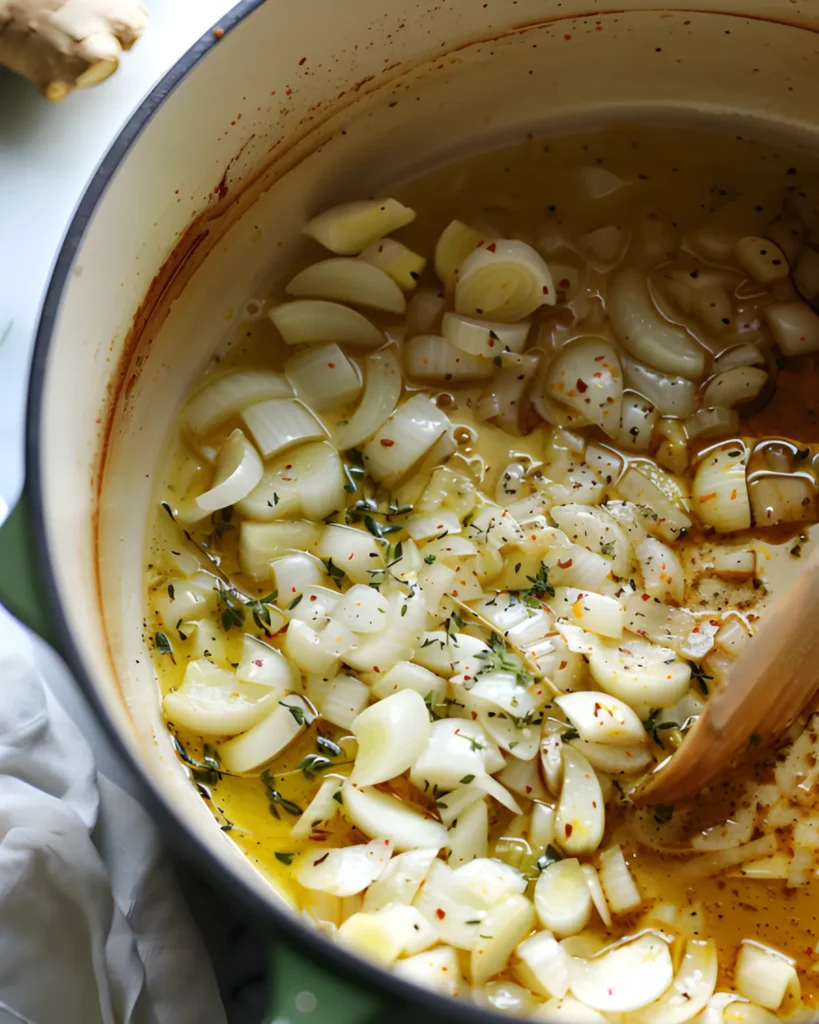 Sautéed onions and garlic with herbs in a pot as the flavorful base for pumpkin carrot soup
