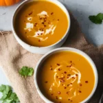 Two bowls of creamy pumpkin carrot soup garnished with chili flakes and herbs on a rustic surface