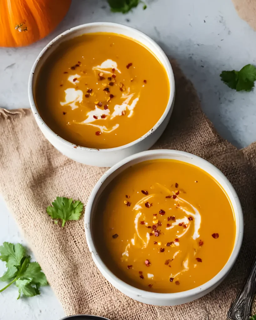 Two bowls of creamy pumpkin carrot soup garnished with chili flakes and herbs on a rustic surface