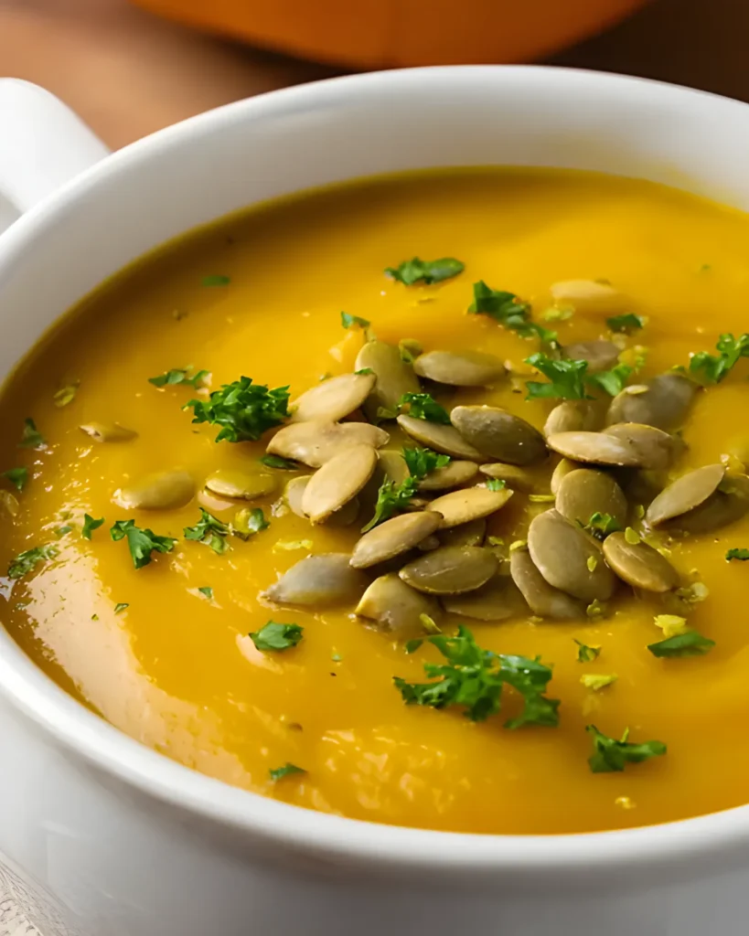 Close-up of Pumpkin Ginger Soup topped with pumpkin seeds and finely chopped parsley in a white bowl