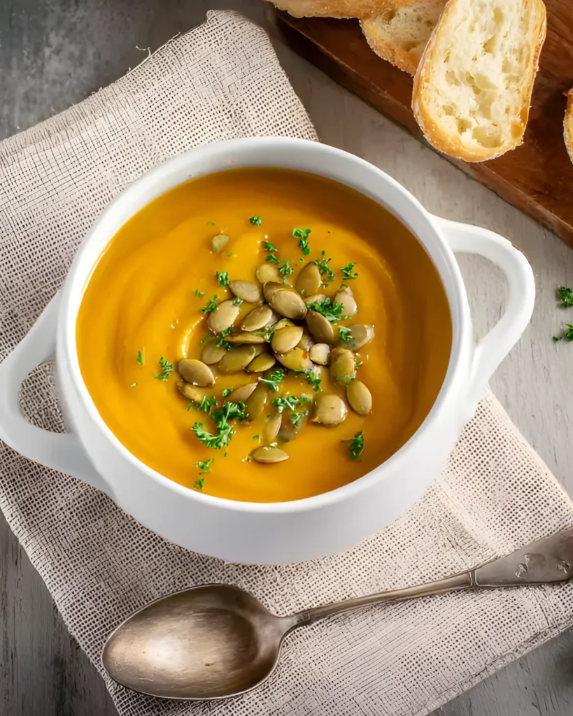 Creamy Pumpkin Ginger Soup topped with pumpkin seeds and parsley in a white bowl