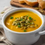 Creamy Pumpkin Ginger Soup served in a white bowl with pumpkin seeds and parsley on top