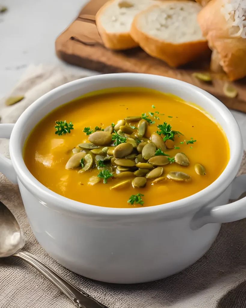 Creamy Pumpkin Ginger Soup served in a white bowl with pumpkin seeds and parsley on top