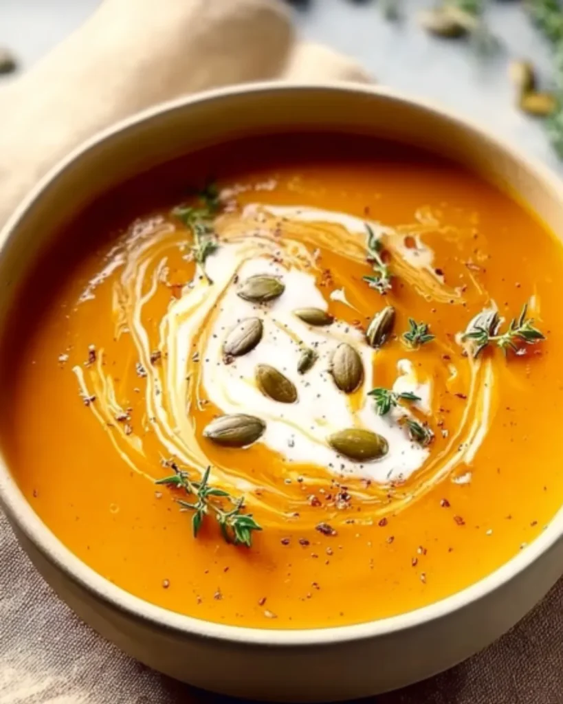A creamy bowl of pumpkin soup with canned pumpkin, garnished with pepitas, cream, and fresh thyme.