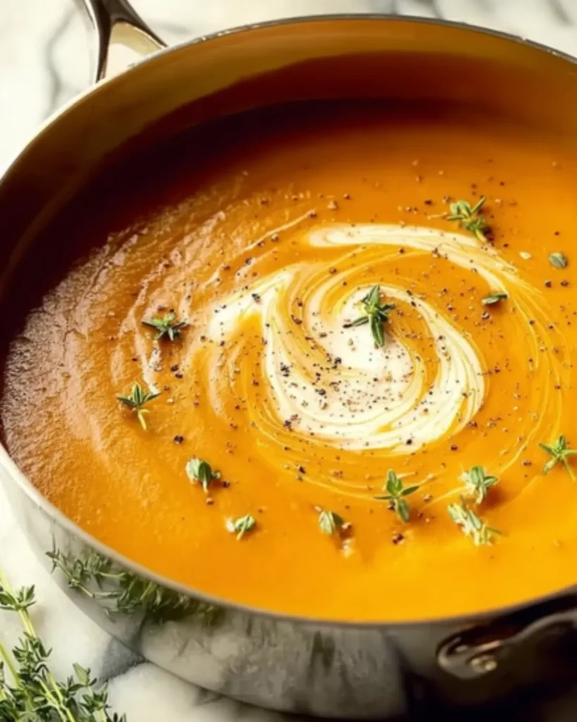 Freshly blended pumpkin soup with canned pumpkin in a pot, garnished with cream and thyme.