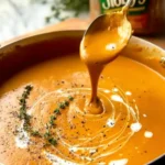 Creamy pumpkin soup with canned pumpkin being served from a pot, garnished with thyme and pepper.