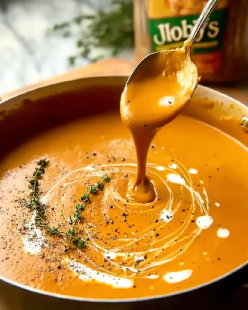 Creamy pumpkin soup with canned pumpkin being served from a pot, garnished with thyme and pepper.