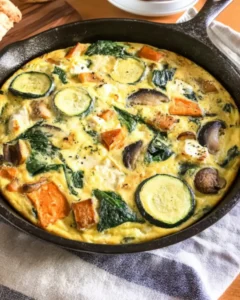 Roasted Vegetable Frittata with zucchini, sweet potato, spinach, and mushrooms in a cast iron skillet