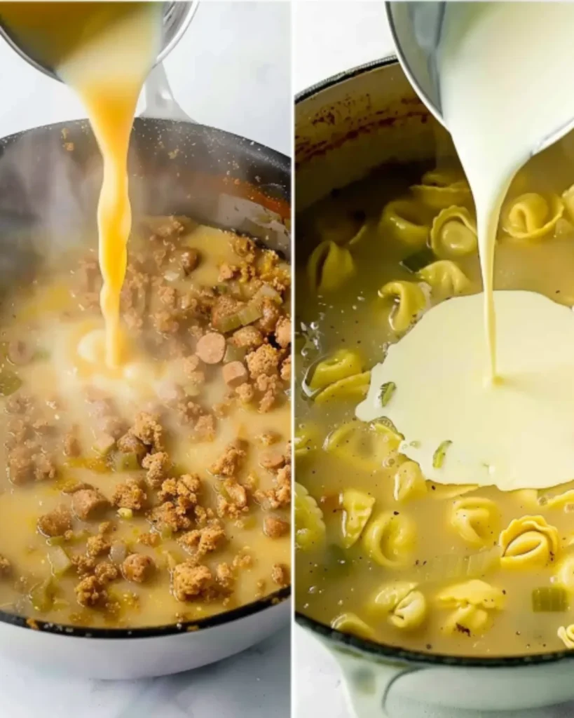 Step-by-step cooking process of sausage and tortellini soup with broth and cream being poured into a pot