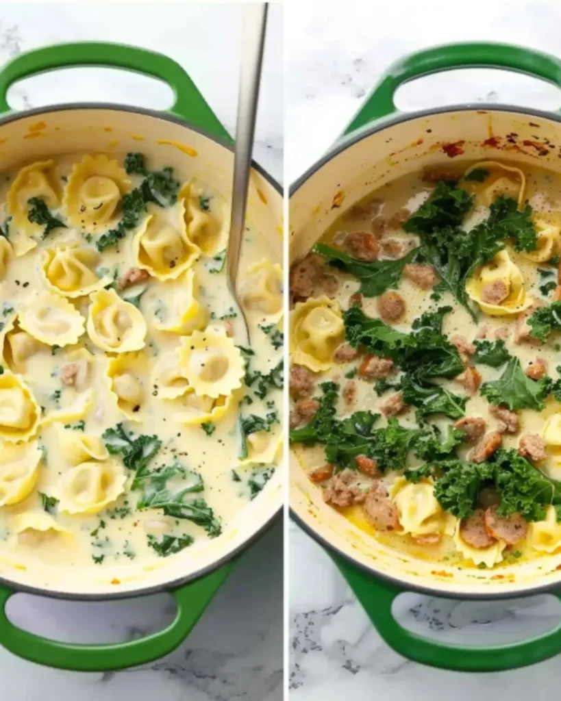 Creamy sausage and tortellini soup with kale simmering in a green Dutch oven