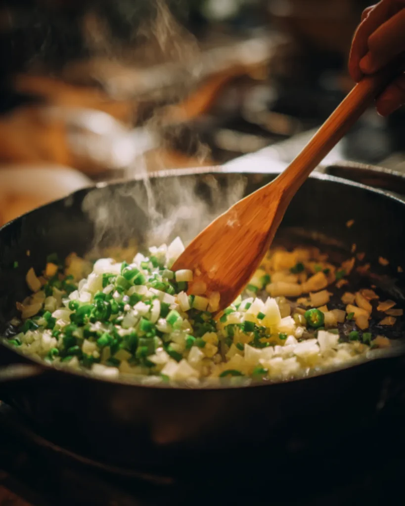 Building the chili base with sautéed onion and jalapeño