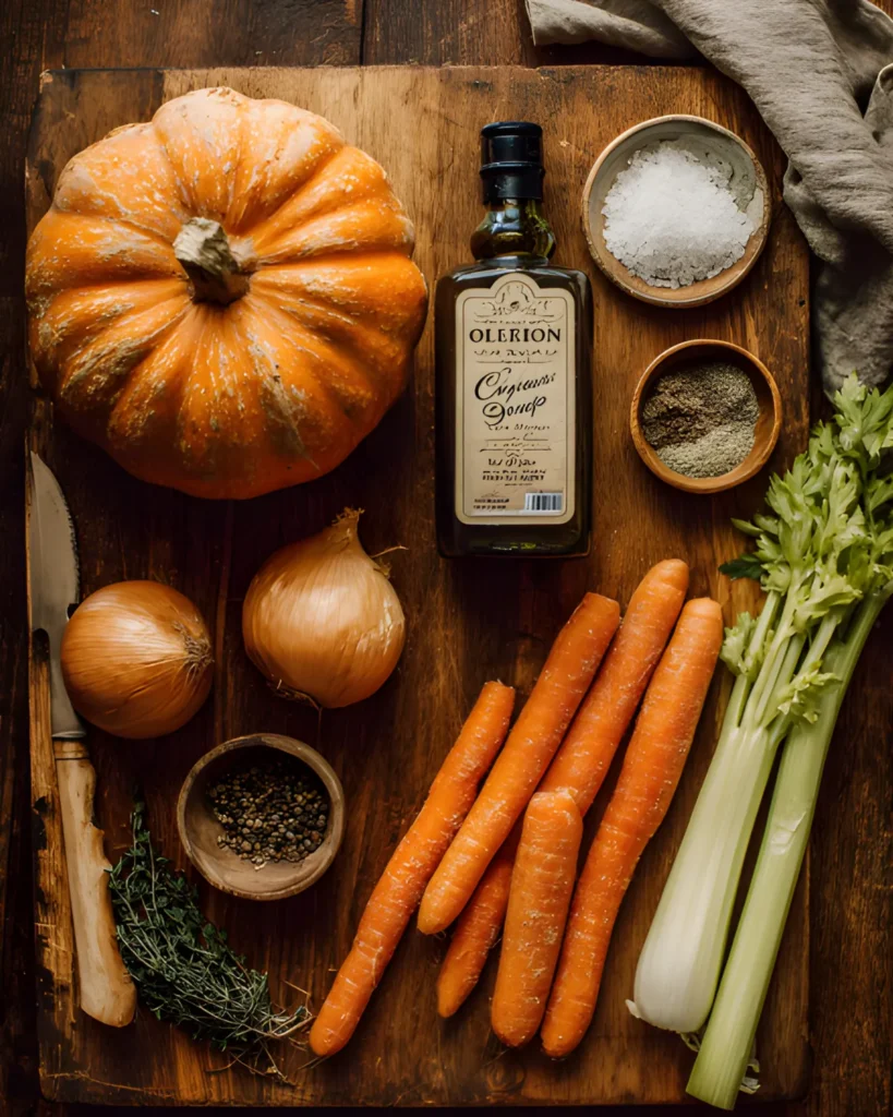 Fresh ingredients for savory pumpkin soup including pumpkin, carrots, celery, onions, herbs, and olive oil on a wooden board