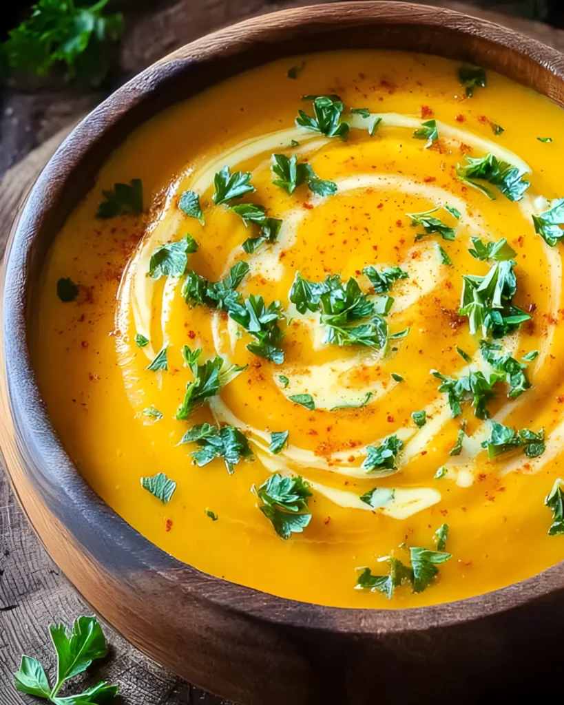Bowl of savory pumpkin soup garnished with cream and fresh parsley