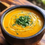Rustic bowl of savory pumpkin soup garnished with herbs and a swirl of cream