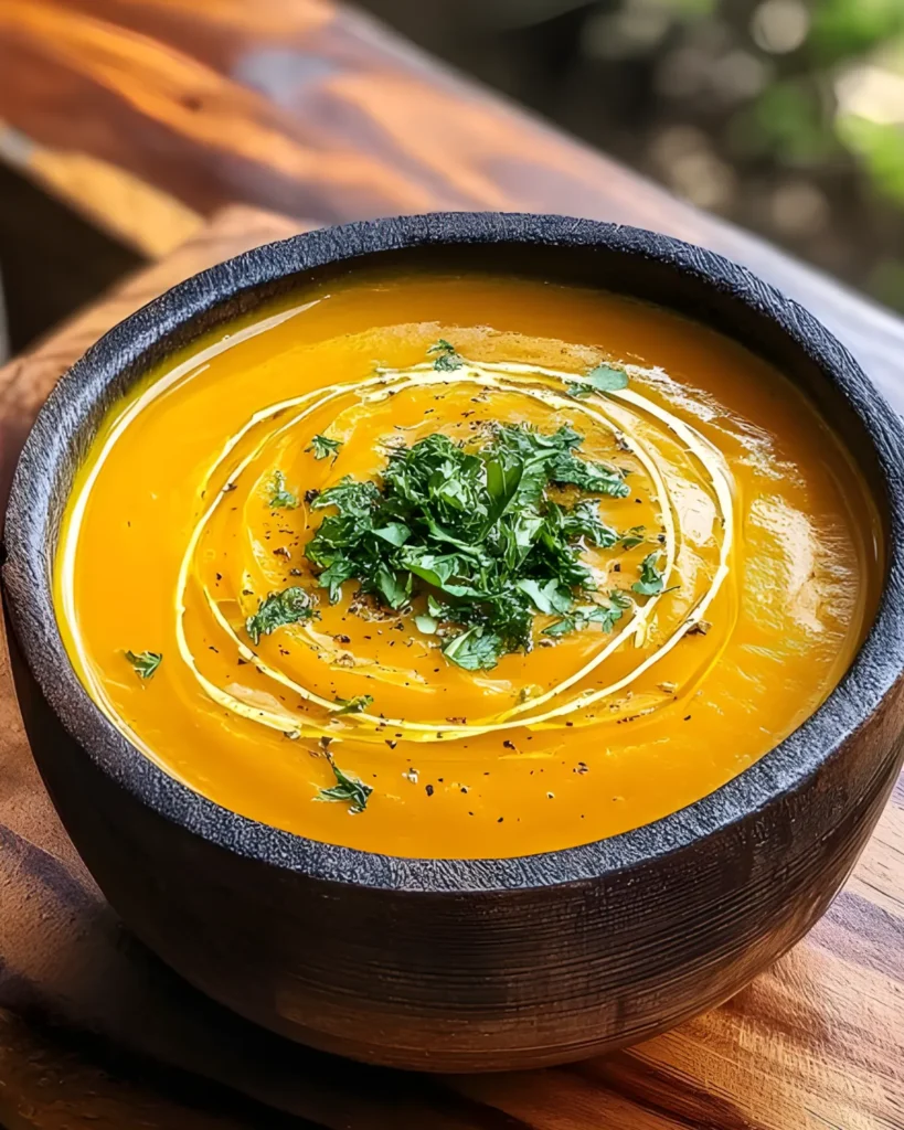Rustic bowl of savory pumpkin soup garnished with herbs and a swirl of cream
