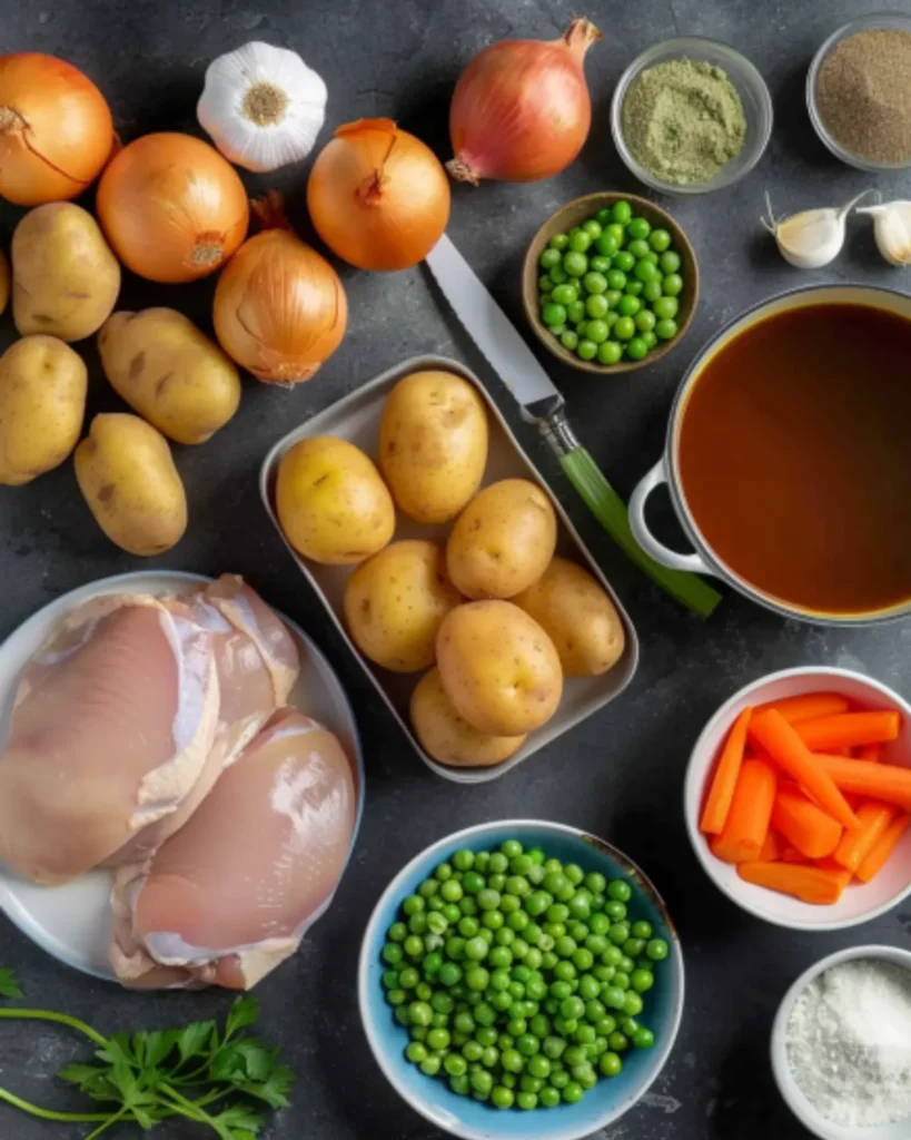 Ingredients for slow cooker chicken stew including raw chicken, potatoes, peas, carrots, onions, broth, and seasonings
