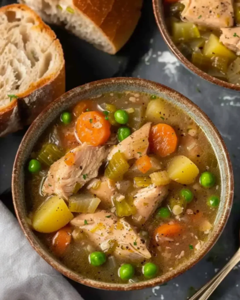 Bowl of slow cooker chicken stew with carrots, peas, potatoes, and bread on the side