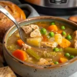Bowl of slow cooker chicken stew with a spoonful of tender chicken, potatoes, carrots, and peas