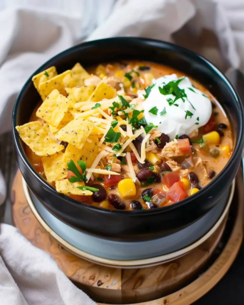 Southwest chicken soup topped with tortilla chips, sour cream, shredded cheese, black beans, corn, and fresh parsley in a black bowl.
