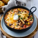 Southwest Chicken Soup served in a black bowl with shredded chicken, black beans, corn, cheese, tortilla chips, sour cream, and a side of cornbread muffins.