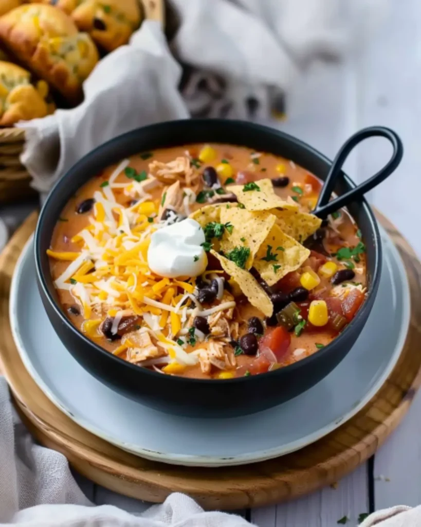 Southwest Chicken Soup served in a black bowl with shredded chicken, black beans, corn, cheese, tortilla chips, sour cream, and a side of cornbread muffins.