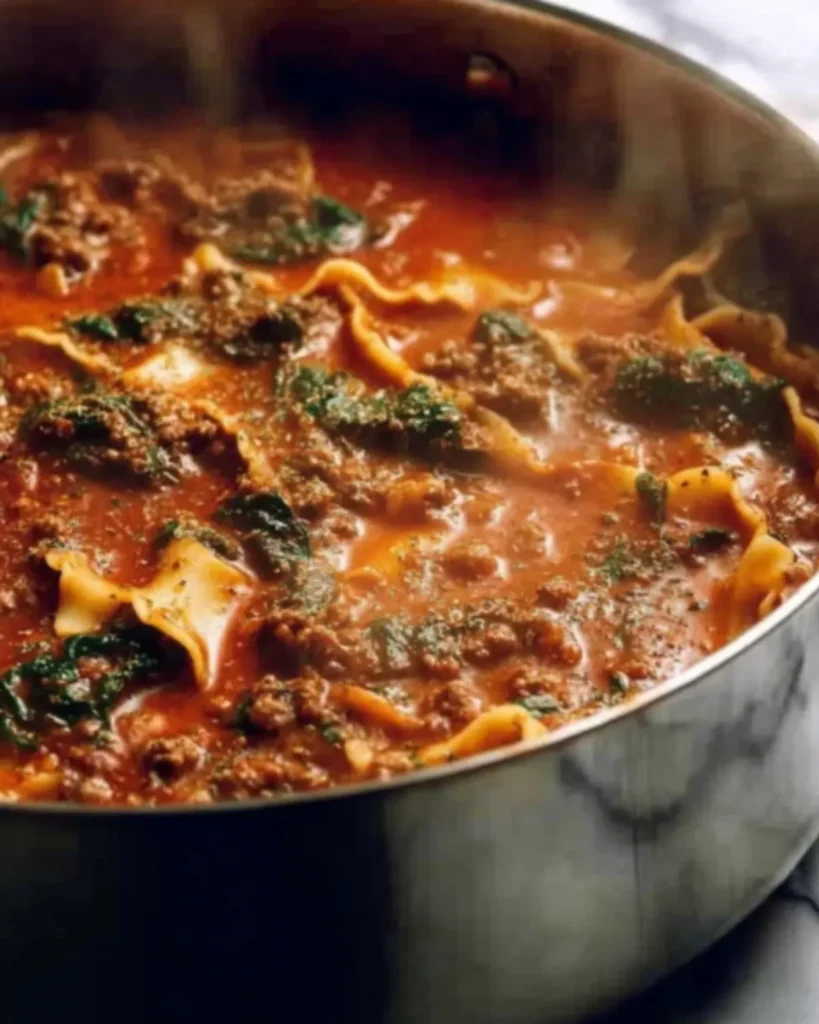 Steaming one pot lasagna soup with ground beef, pasta, and spinach in a stainless steel pot