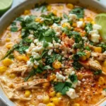 A bowl of creamy Street Corn Chili topped with shredded chicken, corn, crumbled cheese, fresh cilantro, and chili powder.