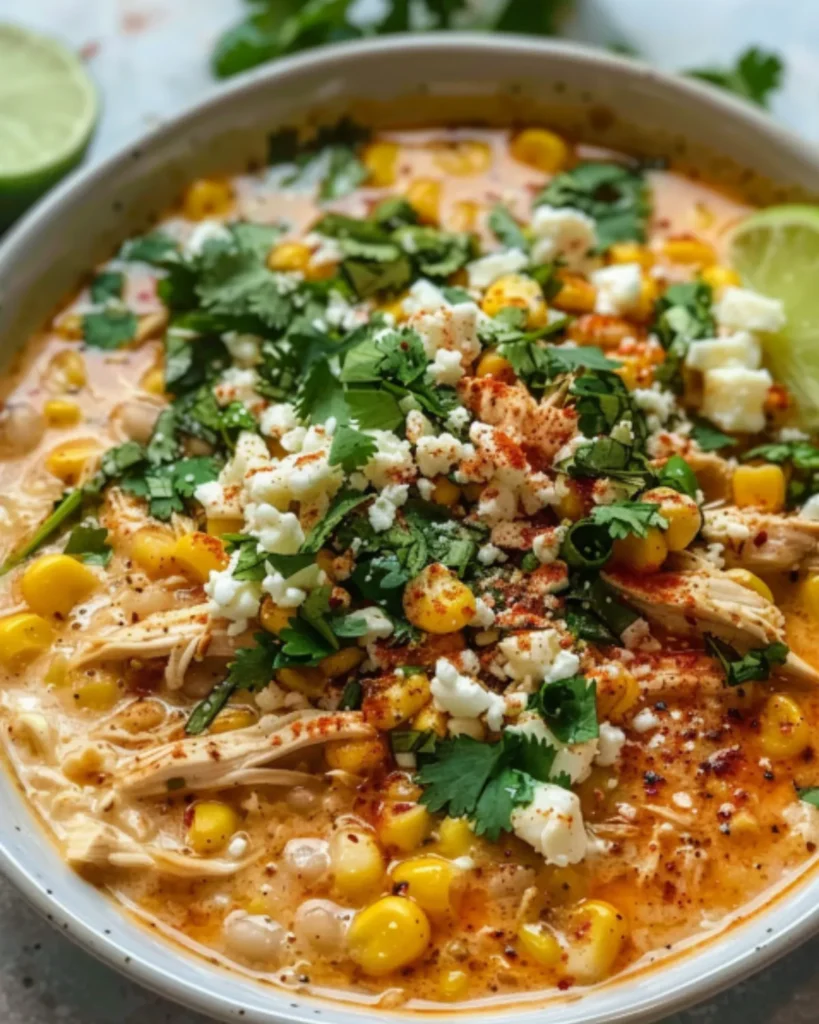 A bowl of creamy Street Corn Chili topped with shredded chicken, corn, crumbled cheese, fresh cilantro, and chili powder.