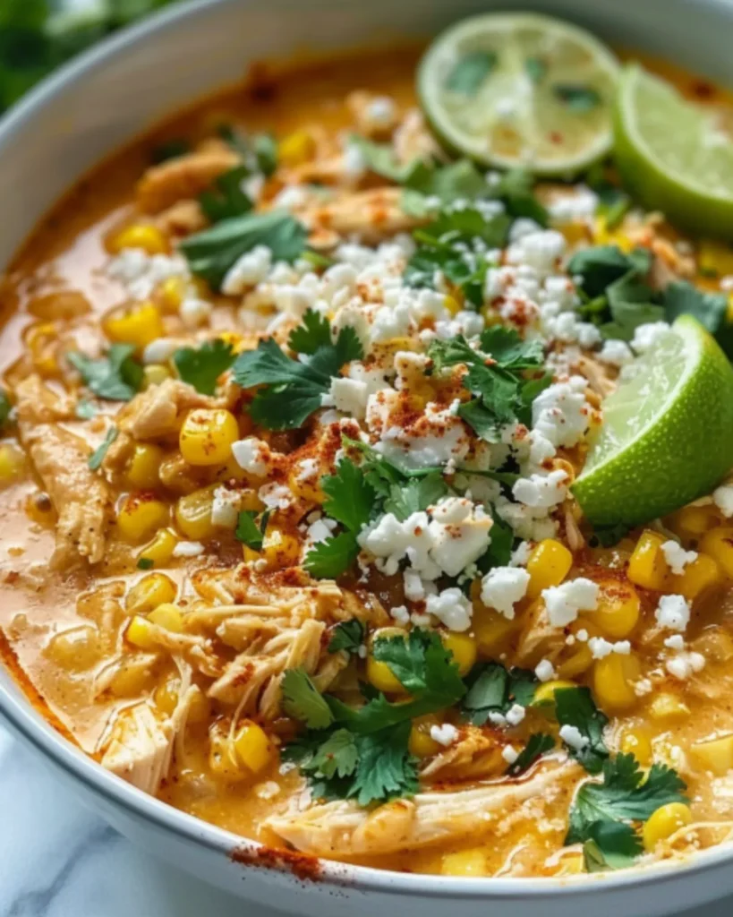 A vibrant bowl of Street Corn Chili featuring shredded chicken, sweet corn, cotija cheese, cilantro, and fresh lime wedges.