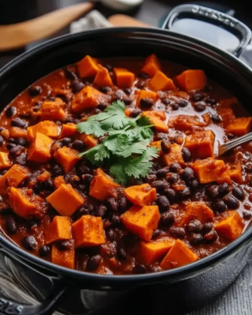 Close-up of sweet potato and black bean chili in a black pot, topped with fresh cilantro.