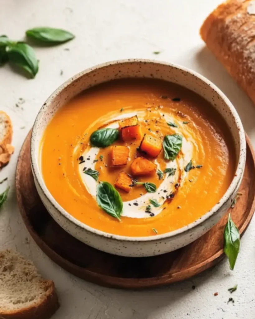 Bowl of sweet potato pumpkin soup topped with roasted cubes, fresh basil leaves, and a swirl of cream, served with crusty bread