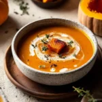 Rustic bowl of sweet potato pumpkin soup with cream swirl, roasted cubes, and fresh thyme, surrounded by pumpkin and herbs