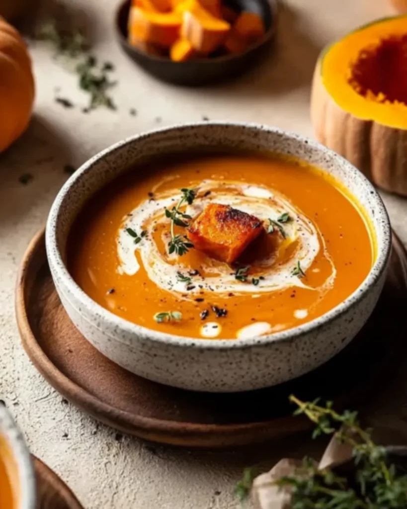 Rustic bowl of sweet potato pumpkin soup with cream swirl, roasted cubes, and fresh thyme, surrounded by pumpkin and herbs