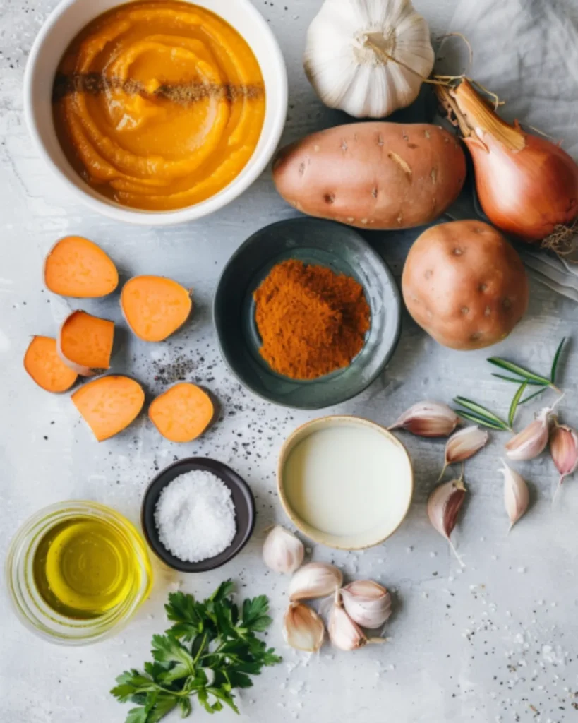 Ingredients for sweet potato pumpkin soup including sweet potatoes, pumpkin puree, garlic, onion, herbs, cream, olive oil, and spices arranged on a white background