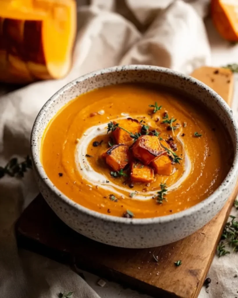Creamy sweet potato pumpkin soup garnished with roasted cubes, fresh herbs, and a swirl of cream in a ceramic bowl