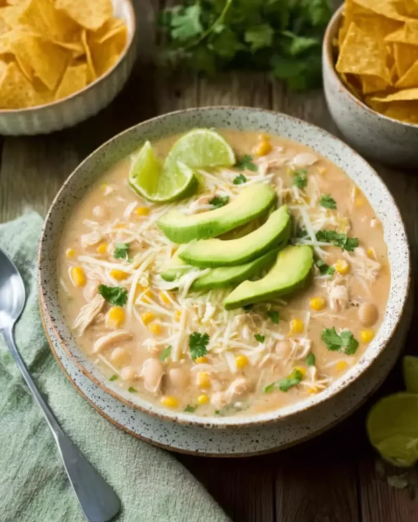 A hearty bowl of White Chicken Chili topped with avocado slices, shredded cheese, and fresh cilantro, served with tortilla chips.