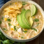 A hearty bowl of White Chicken Chili topped with avocado slices, shredded cheese, and fresh cilantro, served with tortilla chips.